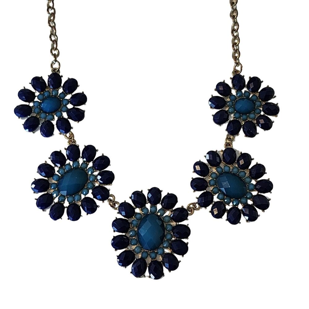 Blue Floral Art Deco Rhinestone Statement Necklace with Gold Chain